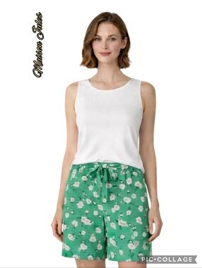 Maison Jules shorts cute green floral print tie belt pockets sz xxl nwt